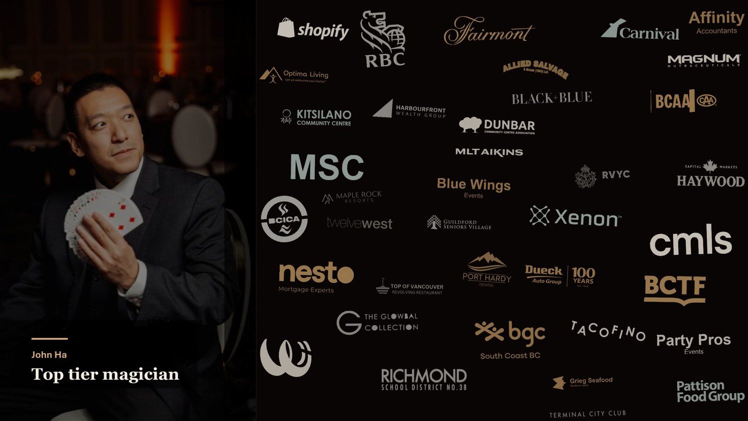 John Ha standing in front of a branded event sponsor board