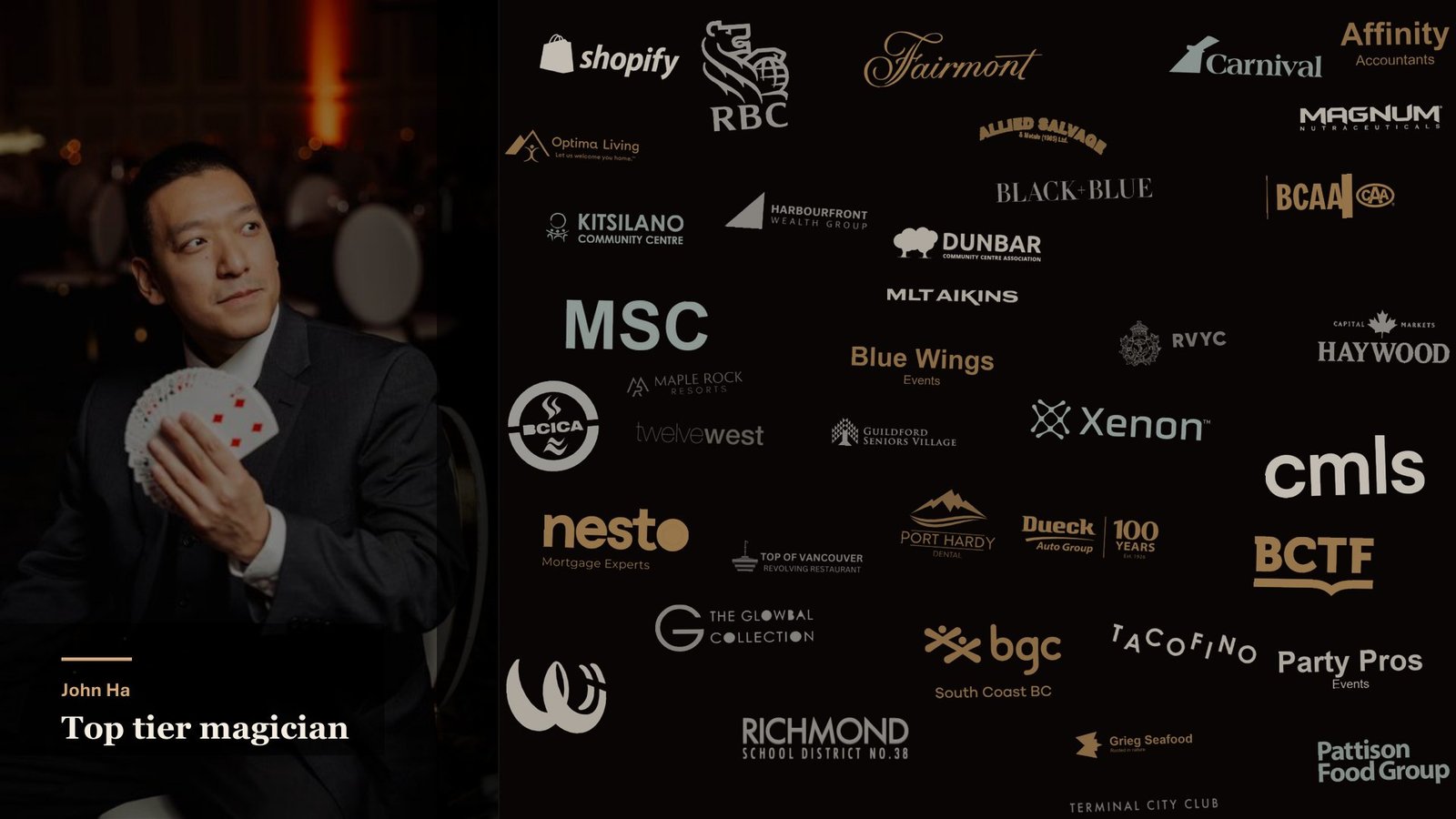 John Ha with a logo board of corporate and venue clients
